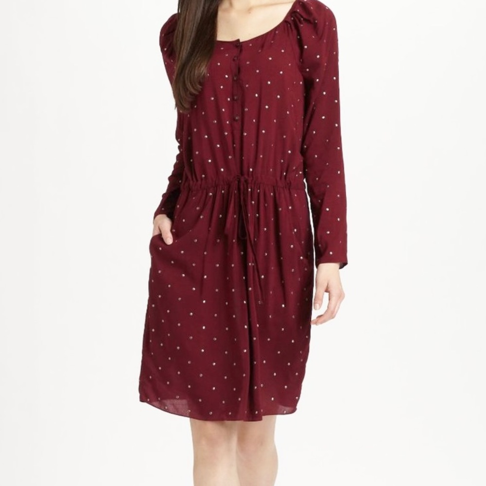 Rebecca Taylor Burgundy Nailhead Studded Polka Dot Long Sleeve Dress Size 4